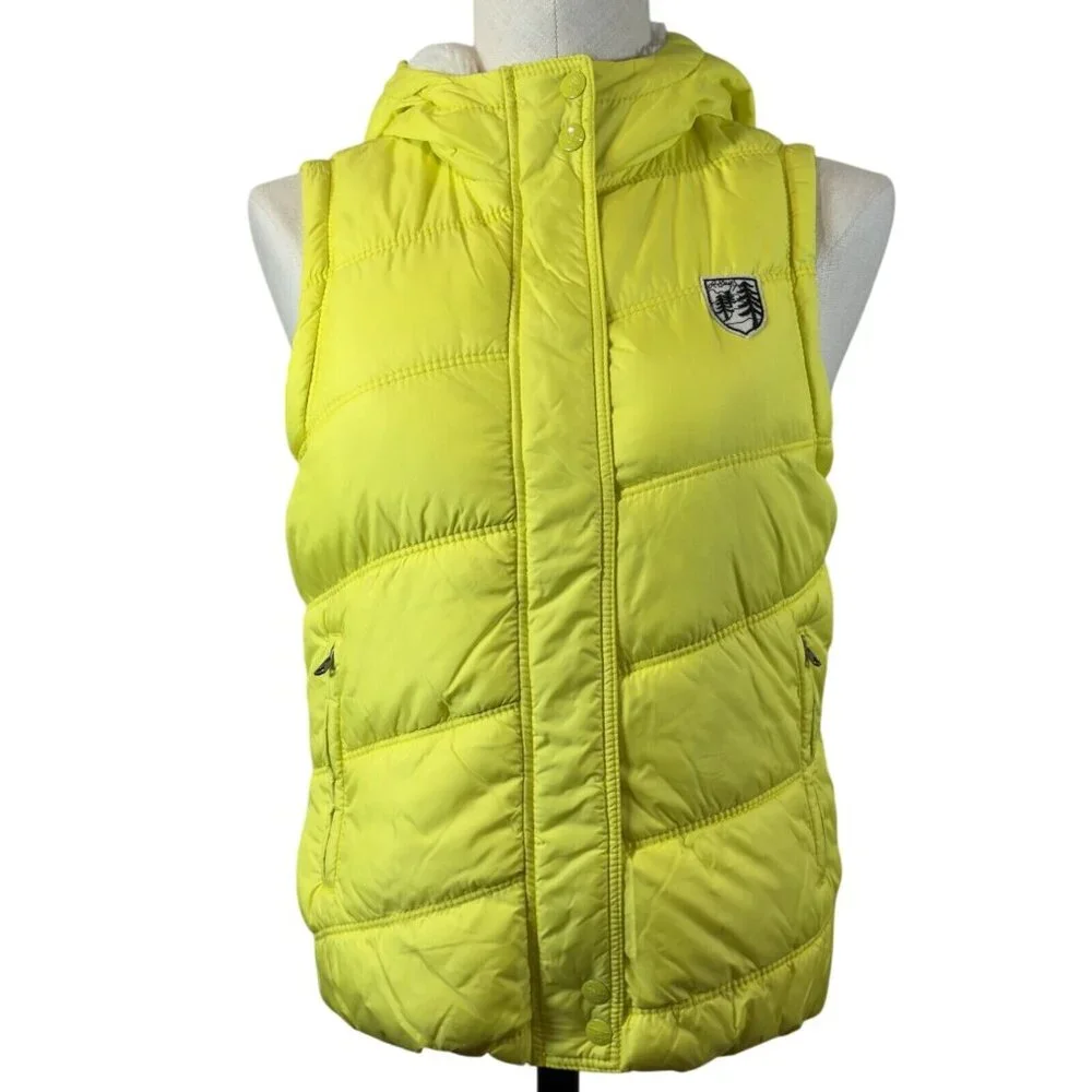 American Eagle Womens Yellow Puffer Vest Faux Fur Hooded Zip Pockets Size Small - Picture 1 of 16